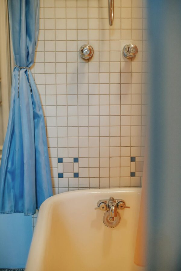 Interior of cozy bathroom with retro bathtub and shower on tile wall at cozy home