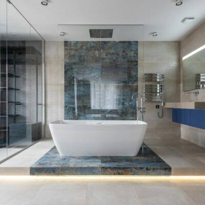 Modern bathroom interior with freestanding tub